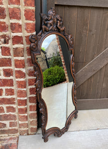 Antique English Mirror Carved Oak Frame Cherubs Trumpets Crown Wood Back