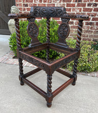 Load image into Gallery viewer, Antique English Corner Chair Oak Barley Twist Blue Leather Renaissance Revival