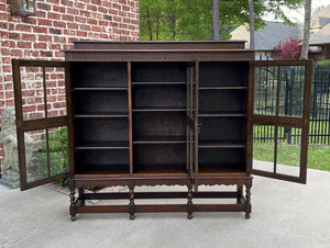 Antique English Bookcase Cabinet 3 Door Jacobean Style Barley Twist Oak c. 1920s