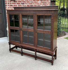 Antique English Bookcase Cabinet 3 Door Jacobean Style Barley Twist Oak c. 1920s