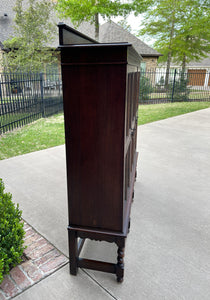 Antique English Bookcase Cabinet 3 Door Jacobean Style Barley Twist Oak c. 1920s