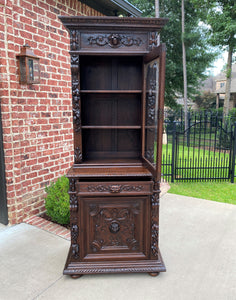 Antique French Bookcase HUNT Cabinet Dark Oak Black Forest Renaissance Display