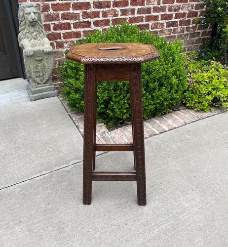 Antique English Pedestal Plant Stand Display Table Barstool Carved Oak 30.5