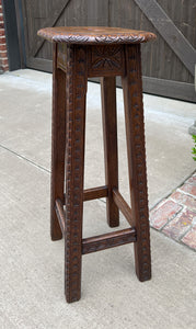 Antique English Pedestal Plant Stand Display Table Barstool Carved Oak 30.5" T