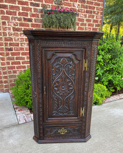 Antique English Corner Cabinet Storage Wall Cabinet Cupboard Carved Oak Drawer