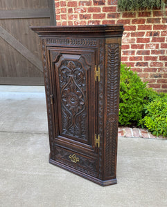 Antique English Corner Cabinet Storage Wall Cabinet Cupboard Carved Oak Drawer