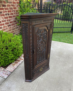 Antique English Corner Cabinet Storage Wall Cabinet Cupboard Carved Oak Drawer