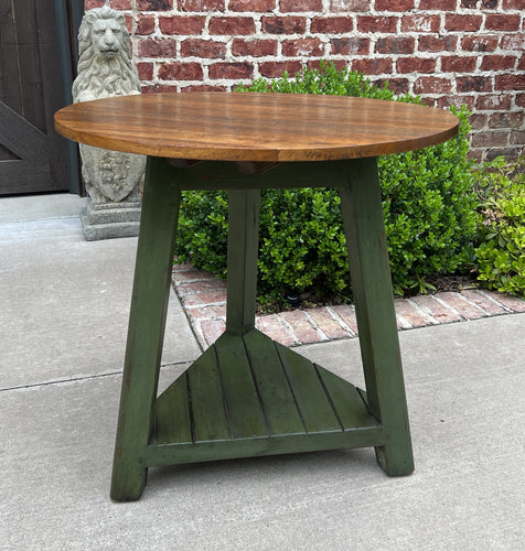 Vintage English ROUND Cricket Table End Table Side Table Oak 3-Legged Green Base