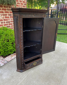 Antique English Corner Cabinet Storage Wall Cabinet Cupboard Carved Oak Drawer