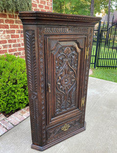 Antique English Corner Cabinet Storage Wall Cabinet Cupboard Carved Oak Drawer