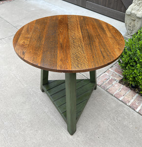 Vintage English ROUND Cricket Table End Table Side Table Oak 3-Legged Green Base
