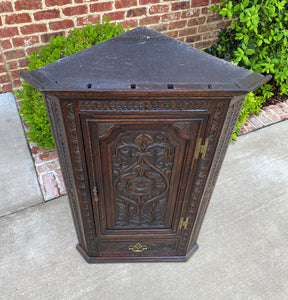 Antique English Corner Cabinet Storage Wall Cabinet Cupboard Carved Oak Drawer