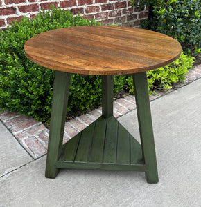 Vintage English ROUND Cricket Table End Table Side Table Oak 3-Legged Green Base