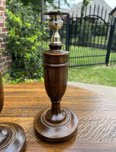 Load image into Gallery viewer, Antique English Candlesticks Candle Holders Oak PAIR 12&quot; Tall UNIQUE