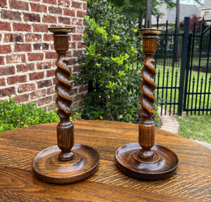 Antique English Barley Twist Candlesticks Candle Holders Oak PAIR 12.5" Tall