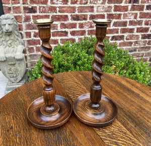 Antique English Barley Twist Candlesticks Candle Holders Oak PAIR 12.5" Tall