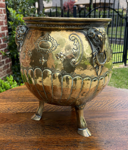 Antique English Brass Planter RAMS Heads Hoof Feet Flower Pot Hand Seamed c.1900