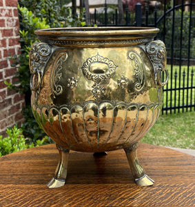 Antique English Brass Planter RAMS Heads Hoof Feet Flower Pot Hand Seamed c.1900