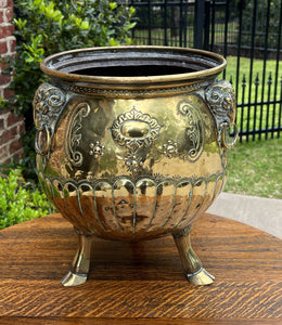 Antique English Brass Planter RAMS Heads Hoof Feet Flower Pot Hand Seamed c.1900