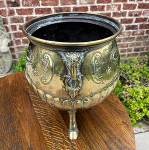 Antique English Brass Planter RAMS Heads Hoof Feet Flower Pot Hand Seamed c.1900