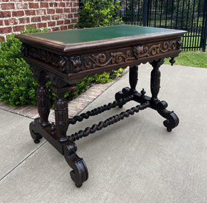 Antique English Desk Table with Drawer Oak Leather Top Barley Twist PETITE