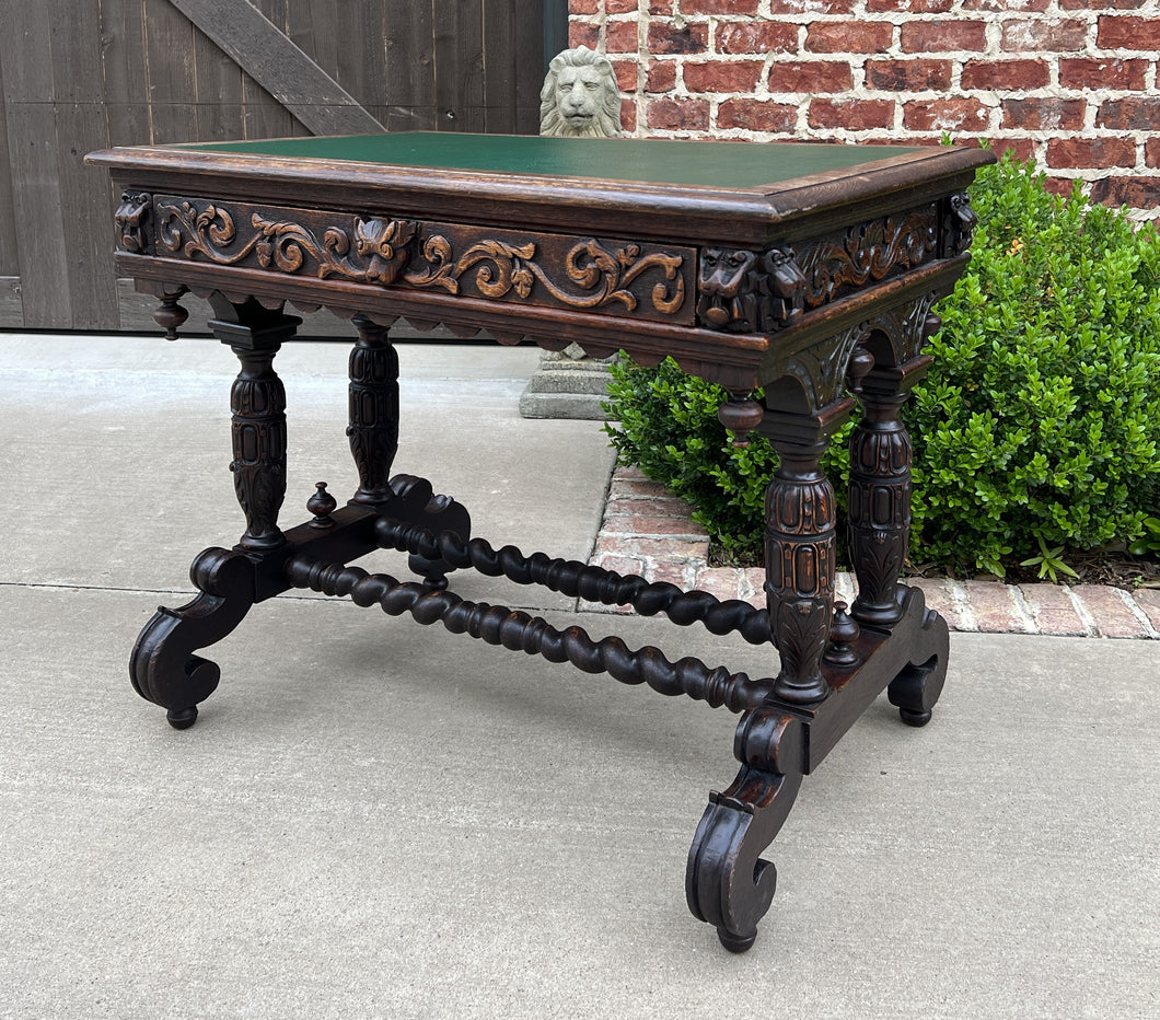 Antique English Desk Table with Drawer Oak Leather Top Barley Twist PETITE