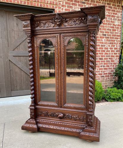 Antique French Bookcase Display Cabinet Renaissance Oak Barley Twist 19th C