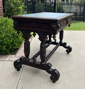 Antique English Desk Table with Drawer Oak Leather Top Barley Twist PETITE