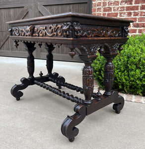 Antique English Desk Table with Drawer Oak Leather Top Barley Twist PETITE