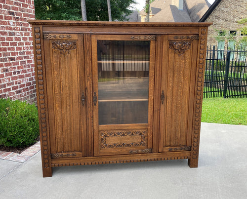 Antique French Bookcase Display Cabinet Vitrine Gothic Revival Oak 3 Doors 1930s