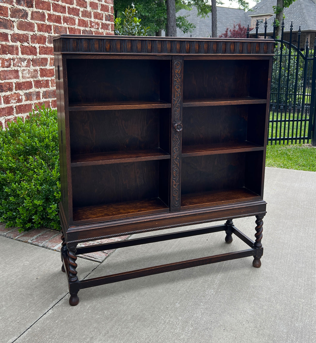 Antique English Bookcase Cabinet Hinged Hidden Storage Barley Twist Oak c. 1920s