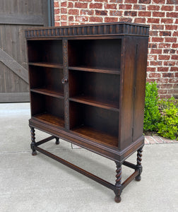 Antique English Bookcase Cabinet Hinged Hidden Storage Barley Twist Oak c. 1920s