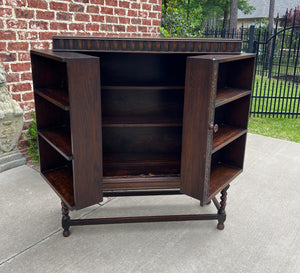 Antique English Bookcase Cabinet Hinged Hidden Storage Barley Twist Oak c. 1920s