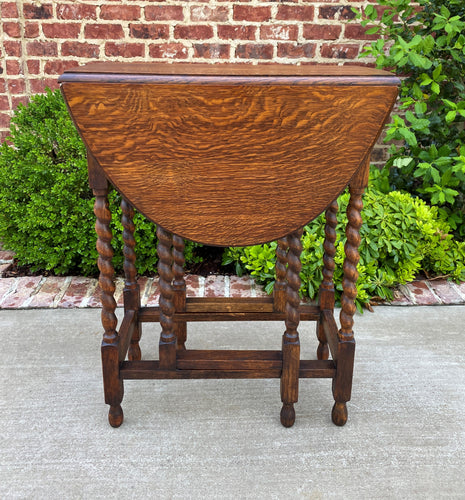 Antique English Table Drop Leaf Gateleg Barley Twist Oval Tiger Oak 1920s