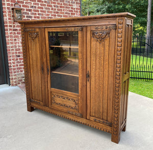 Antique French Bookcase Display Cabinet Vitrine Gothic Revival Oak 3 Doors 1930s