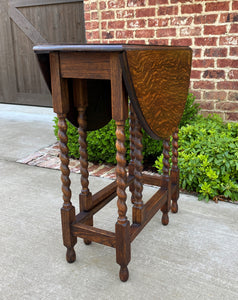 Antique English Table Drop Leaf Gateleg Barley Twist Oval Tiger Oak 1920s