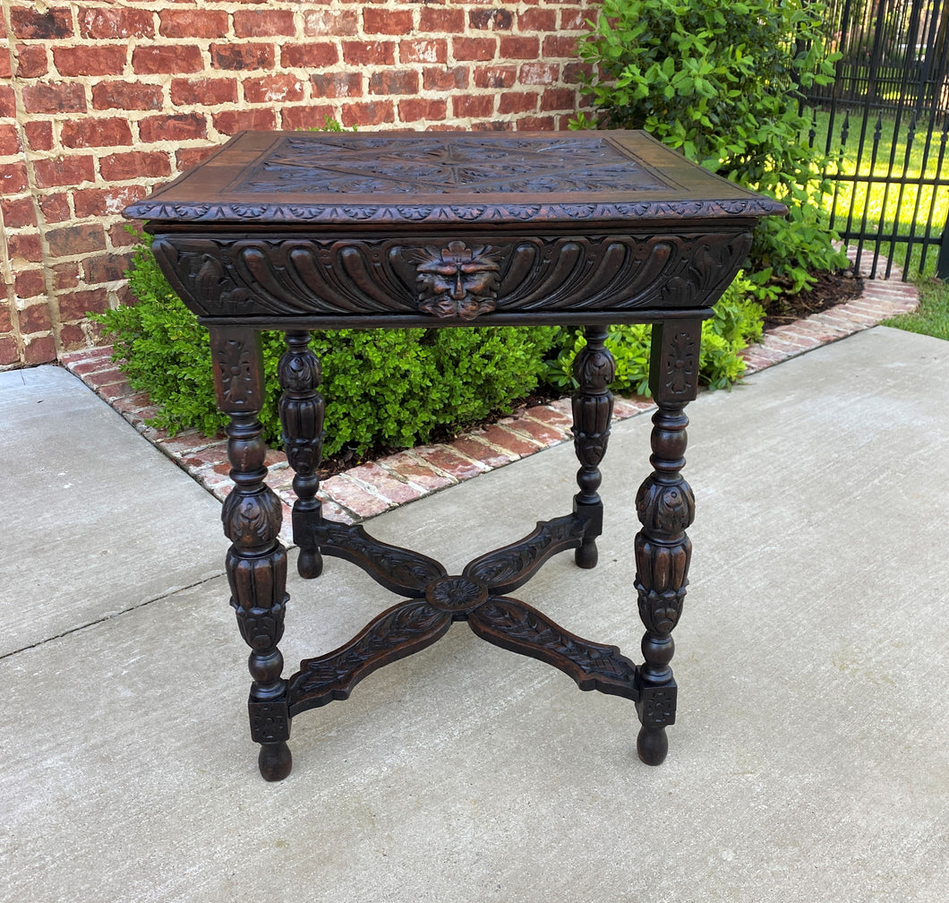 Antique French Side Hall End Library Table Nightstand SQUARE Carved Oak Drawer