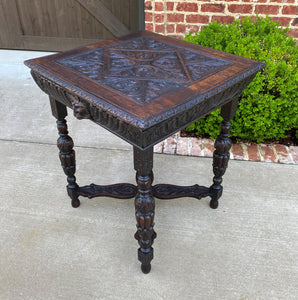 Antique French Side Hall End Library Table Nightstand SQUARE Carved Oak Drawer