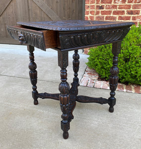 Antique French Side Hall End Library Table Nightstand SQUARE Carved Oak Drawer