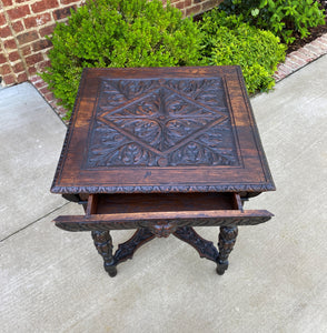 Antique French Side Hall End Library Table Nightstand SQUARE Carved Oak Drawer