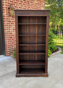 Antique English Bookcase Display Shelf Cabinet Carved Oak Tall Slim Depth c 1920