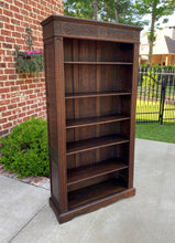 Load image into Gallery viewer, Antique English Bookcase Display Shelf Cabinet Carved Oak Tall Slim Depth c 1920
