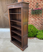 Load image into Gallery viewer, Antique English Bookcase Display Shelf Cabinet Carved Oak Tall Slim Depth c 1920