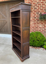 Load image into Gallery viewer, Antique English Bookcase Display Shelf Cabinet Carved Oak Tall Slim Depth c 1920