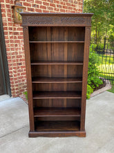 Load image into Gallery viewer, Antique English Bookcase Display Shelf Cabinet Carved Oak Tall Slim Depth c 1920