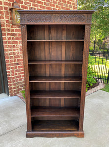 Antique English Bookcase Display Shelf Cabinet Carved Oak Tall Slim Depth c 1920