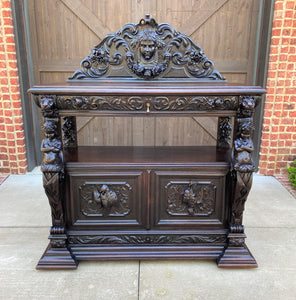 Antique French Server Sideboard Buffet Gothic Revival Oak Lions Cherubs Birds