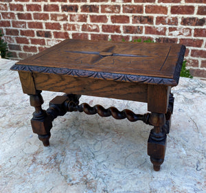 Antique English Kettle Stand Foot Stool BARLEY TWIST Oak Carved Top Petite