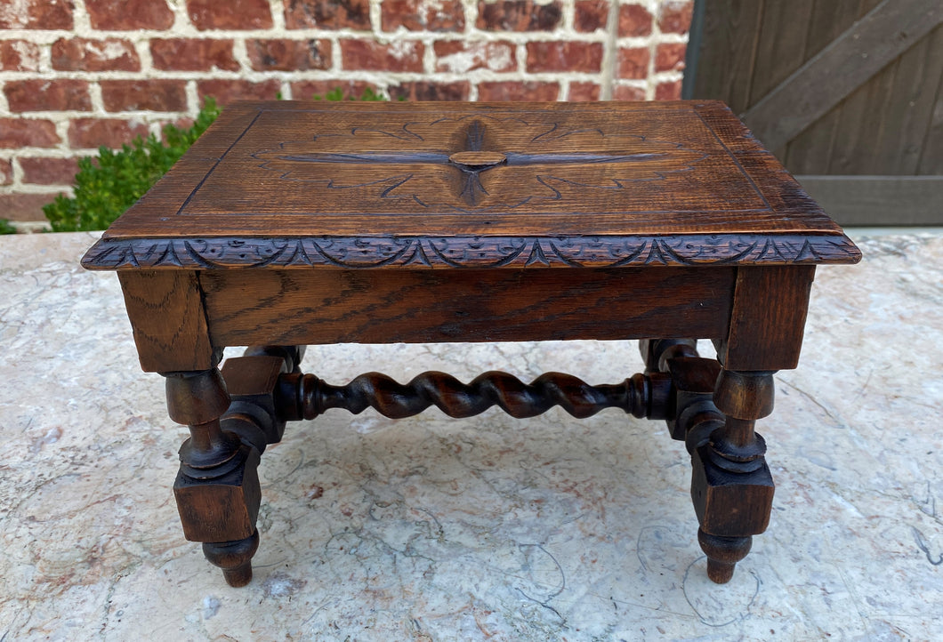 Antique English Kettle Stand Foot Stool BARLEY TWIST Oak Carved Top Petite