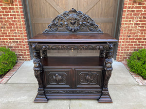 Antique French Server Sideboard Buffet Gothic Revival Oak Lions Cherubs Birds